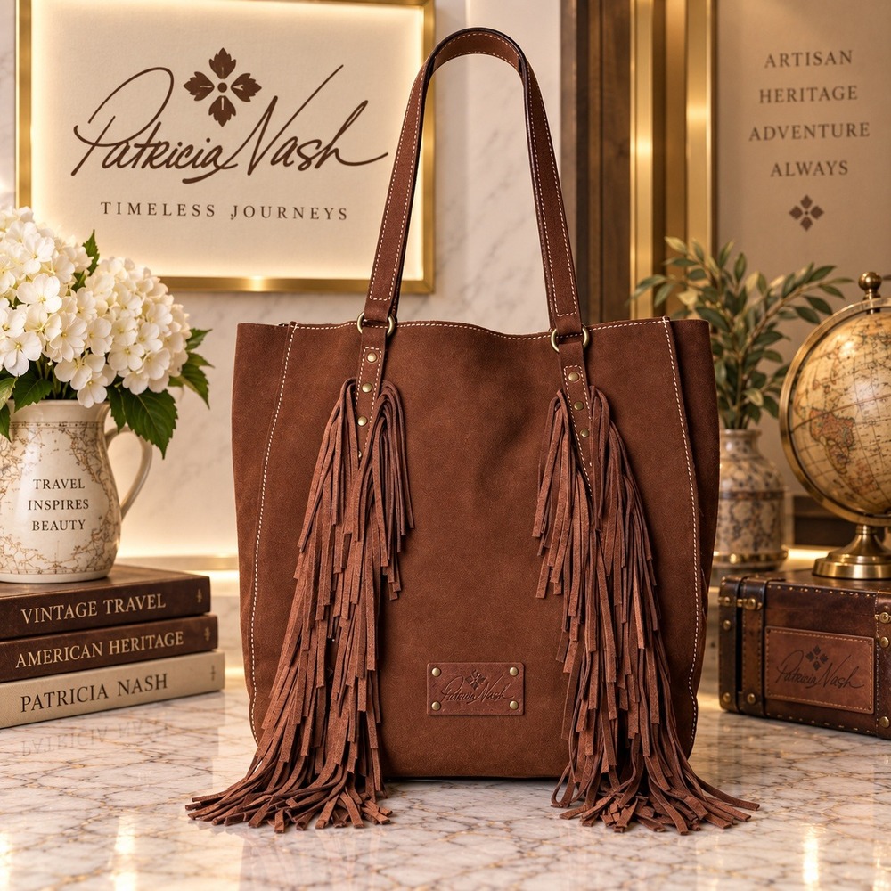 Patricia Nash Brown Suede Fringe Tote Bag Italian Leather Western Boho Shoulder